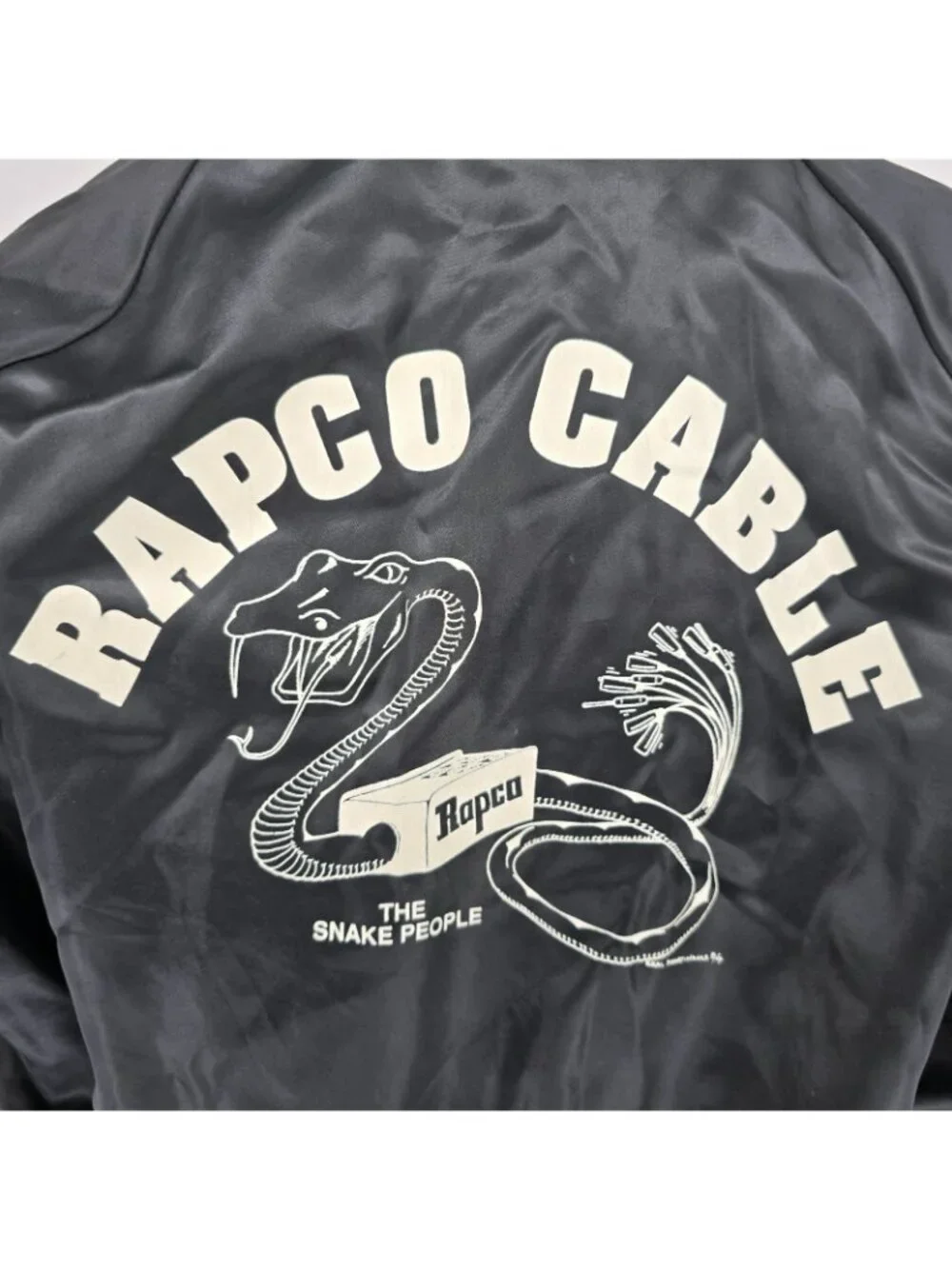Vintage 1980s Rapco Cable Back Graphic Black Nylon Satin Bomber Jacket (L)